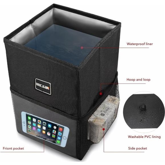 Car Trash Can with Lid - Car Trash Bag Hanging with Storage Pockets Collapsible - Picture 3 of 7
